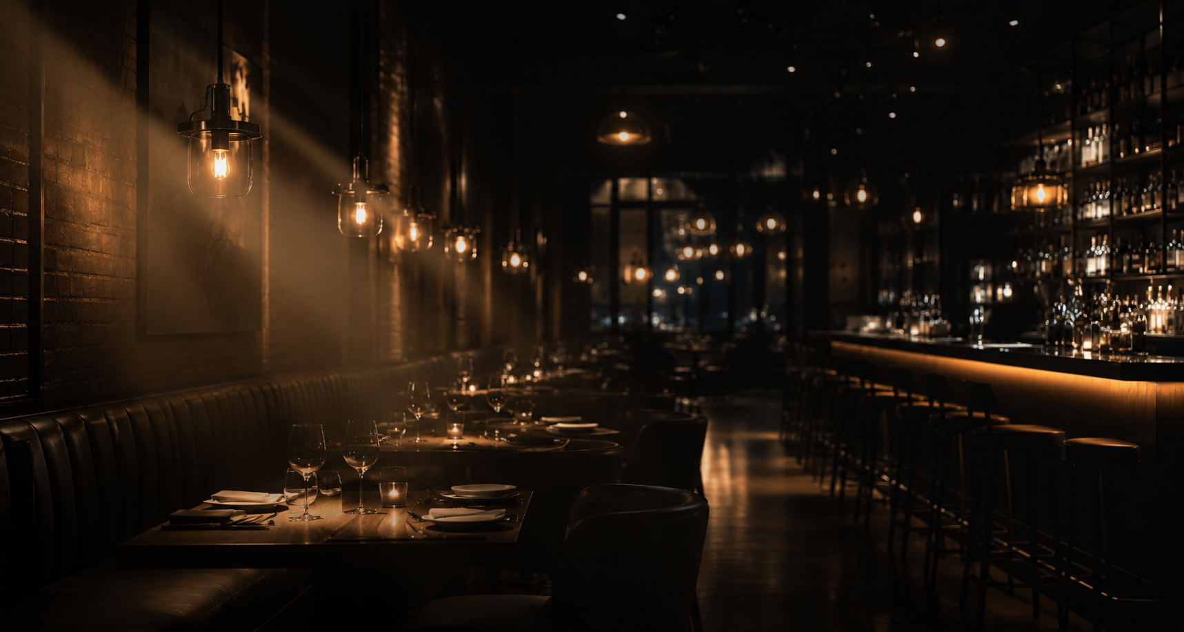 Atmospheric hospitality interior at golden hour